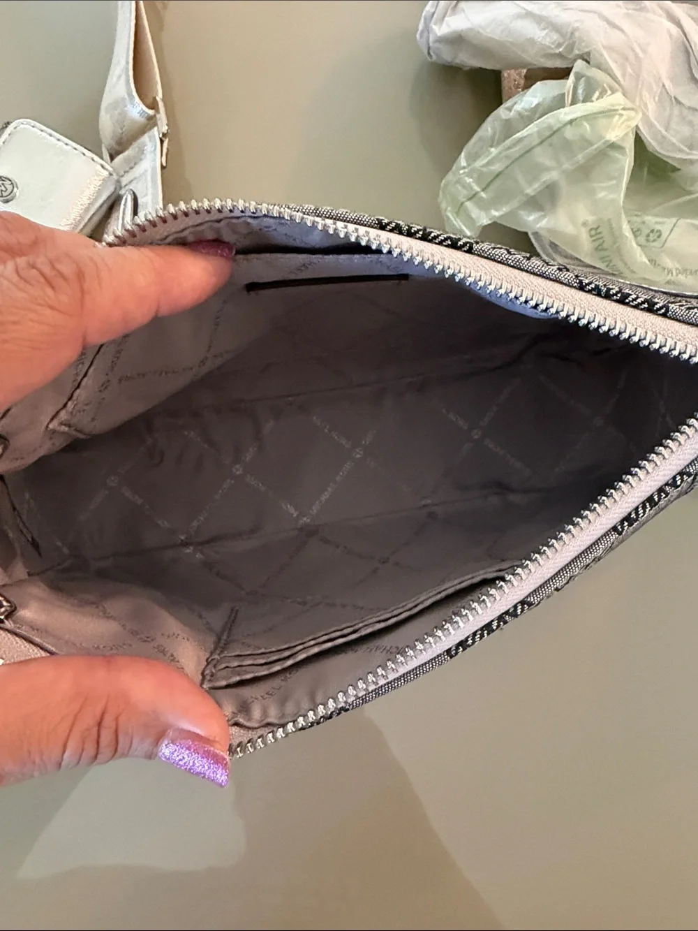 Michael Kors Silver Monogram Crossbody Bag with Coin Pouch FREE BELT